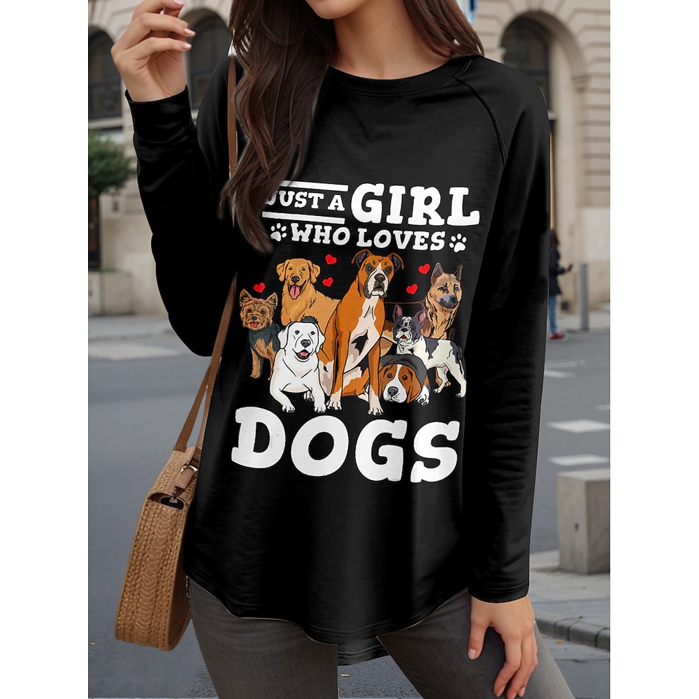 Damen T Shirt Brautkleider schlicht Hund Buchstabe Lange Oberteile Langarm Rundhalsausschnitt Bedruckt Regular Fit Täglich Schwarz Herbst Winter Lightinthebox