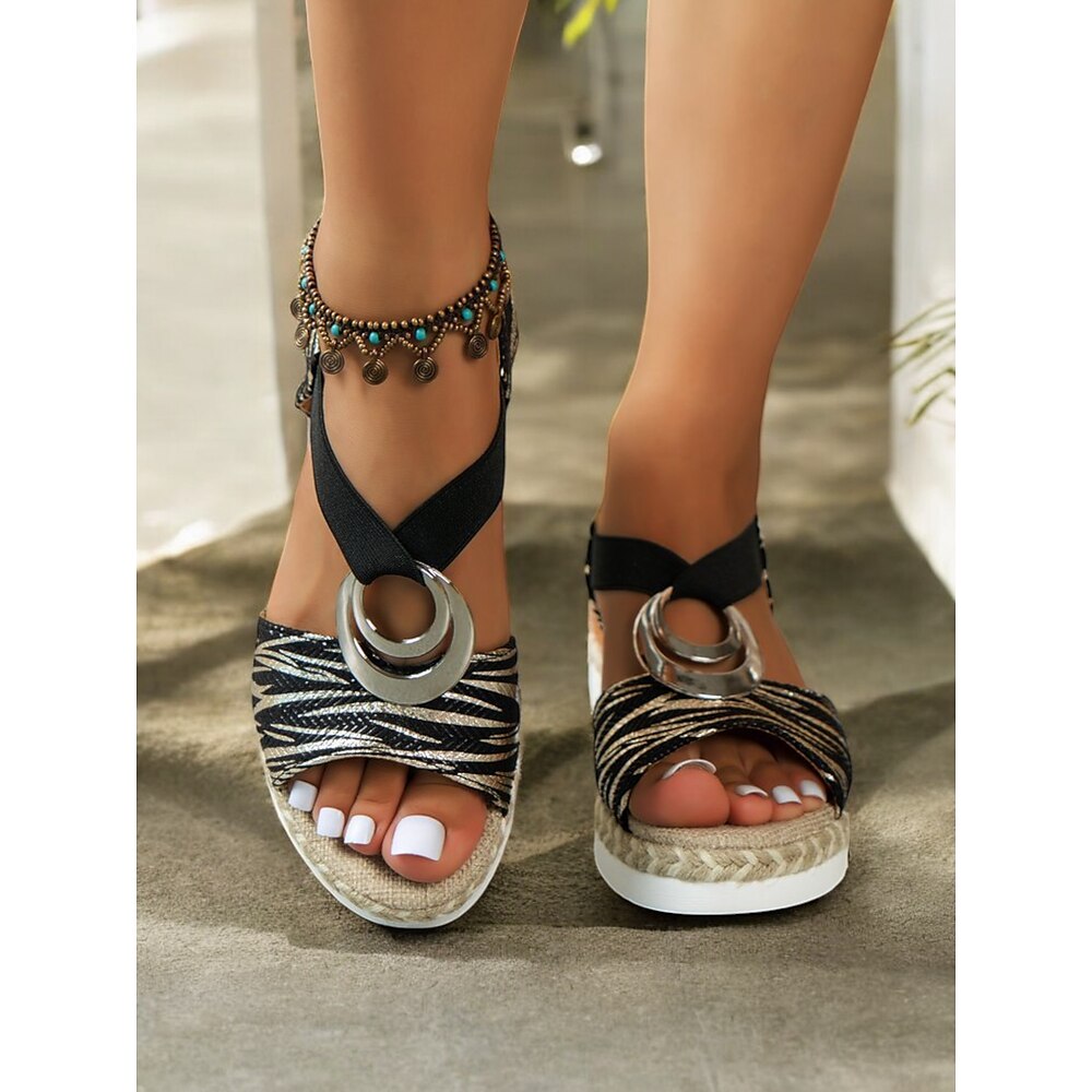 Damen-Espadrille-Keilsandalen im Boho-Stil mit metallischem Ringdetail - Riemchen-Sommerschuhe für Freizeit und Strand Lightinthebox