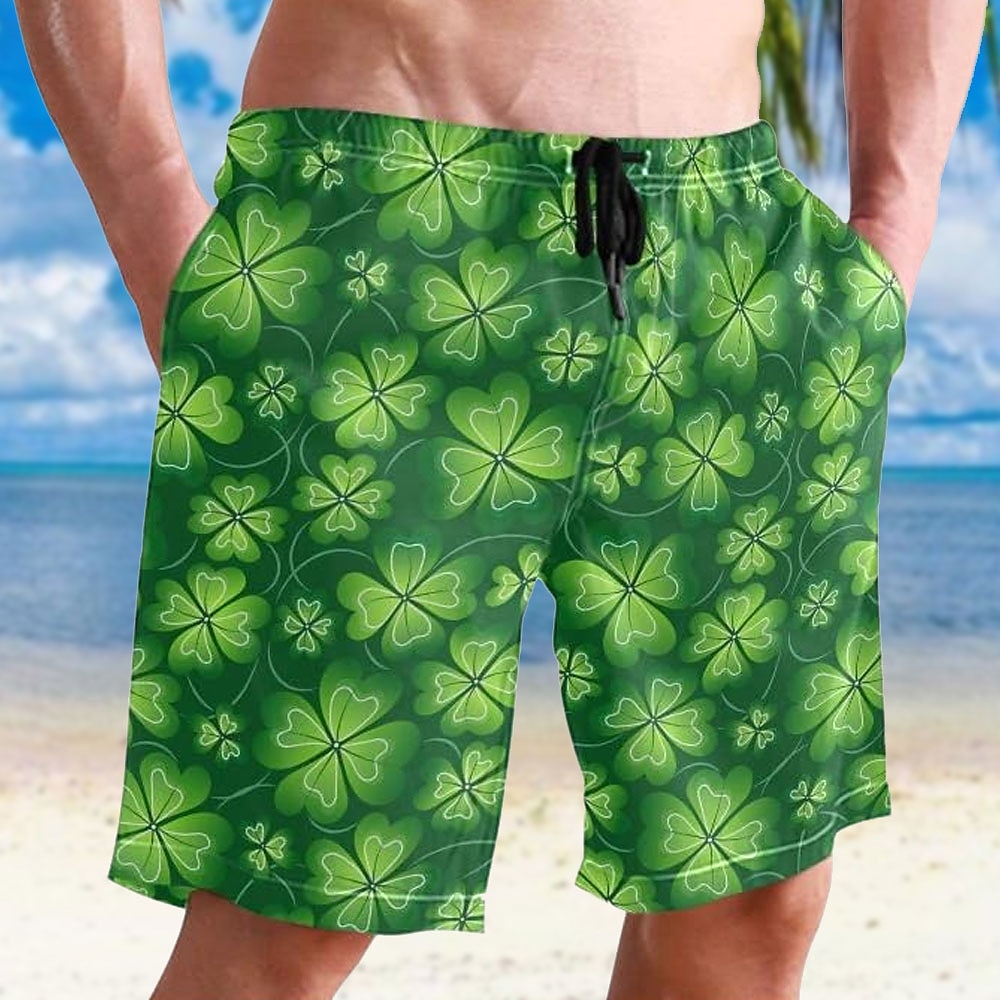 St. Patricks Day Herren Vierblättriges Kleeblatt Shorts Kurze Hosen Sommer-Shorts Strandshorts Kurze Hosen Mittlere Taillenlinie Vintage Strassenmode Casual Täglich Festtage Tasche Kordelzug Lightinthebox