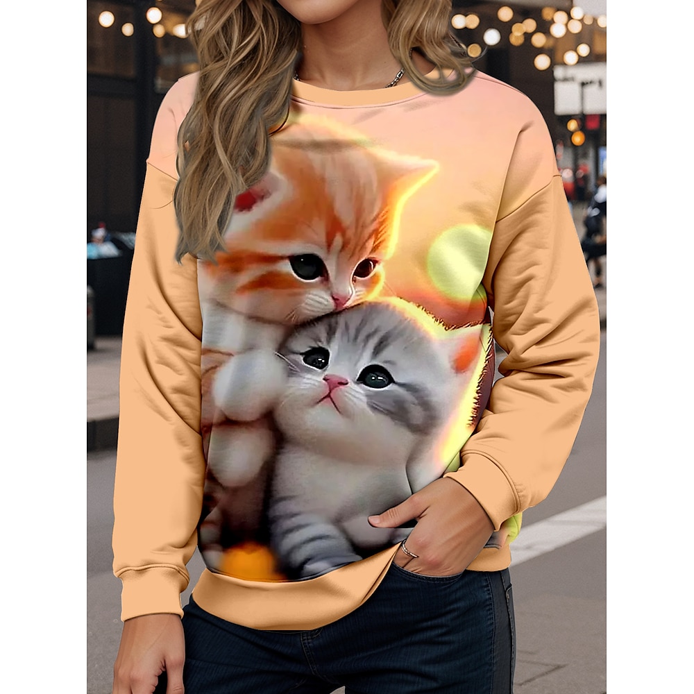 Damen Sweatshirts Brautkleider schlicht Katze Normale Oberteile Langarm Rundhalsausschnitt Bedruckt Regular Fit Strasse Alltagskleidung Gelb Herbst Winter Lightinthebox