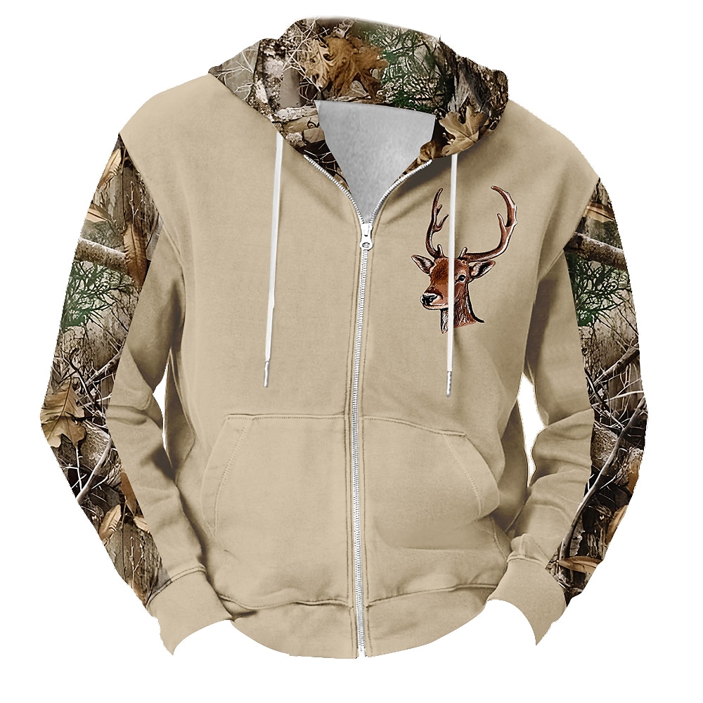 Herren camuflaje Hirsch Hoodies Hoodie Sweatshirt Kapuze Sweatshirt mit Kapuze Mit Kapuze Modisch 3D-Druck Urlaub Jagd Schwarz Braun Zip Kordelzug Herbst Winter Designer Lightinthebox