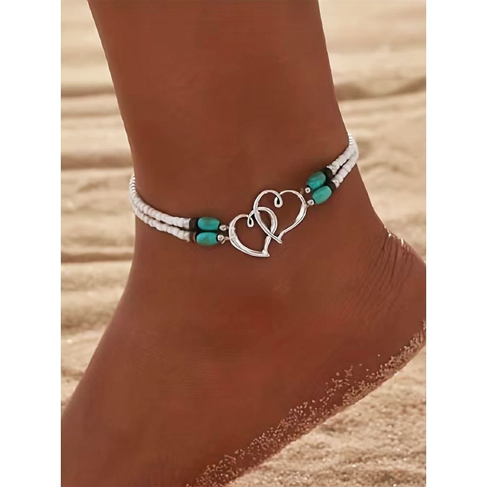 Boho Fußkettchen mit Doppelherz-Perlen für Damen, handgefertigter Strandschmuck mit türkisfarbenen und weißen Perlen, perfekt für den Sommer, den Urlaub und als Geschenk Lightinthebox