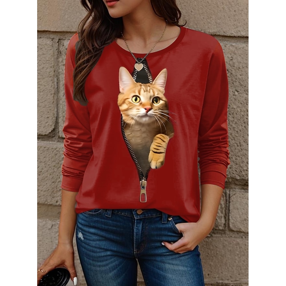 Damen T Shirt Modisch Modern Brautkleider schlicht Katze Normale Oberteile Langarm Rundhalsausschnitt Bedruckt Regular Fit Täglich Wochenende Rote Herbst Winter Lightinthebox