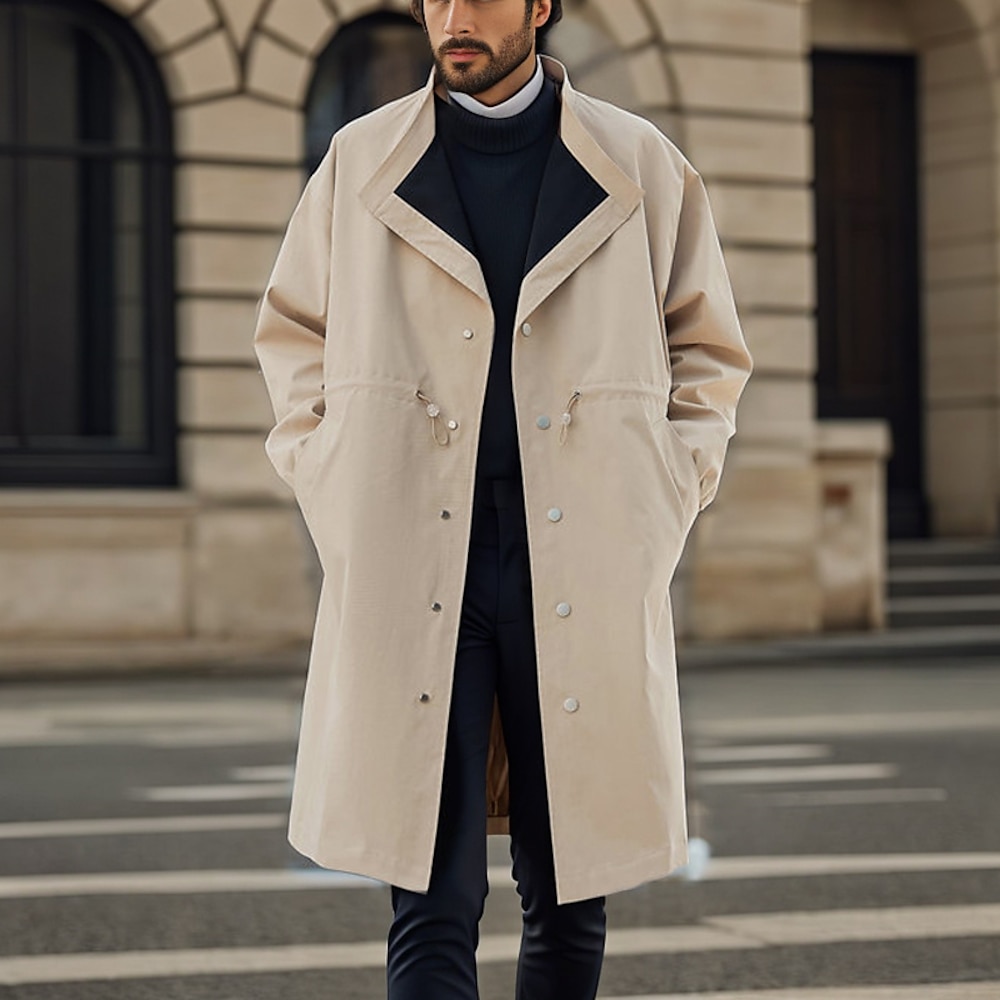 Herren Mantel Trenchcoat Langer Trenchcoat Urlaub Täglich Frühling Herbst Polyester Windundurchlässig Weich Oberbekleidung Bekleidung Modisch Klassisch Farbblock Tasche Kargen Einreihiger Verschluss Lightinthebox