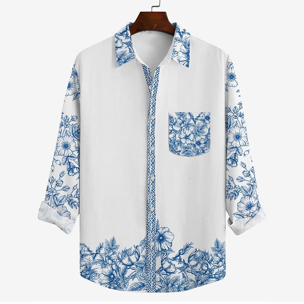 Herren Blumen Lässiges Hemd Aloha-Shirt Langarm Brautkleider schlicht Resort Normal Casual Frühling Herbst Umlegekragen Knopf hoch Tasche Blau Lightinthebox