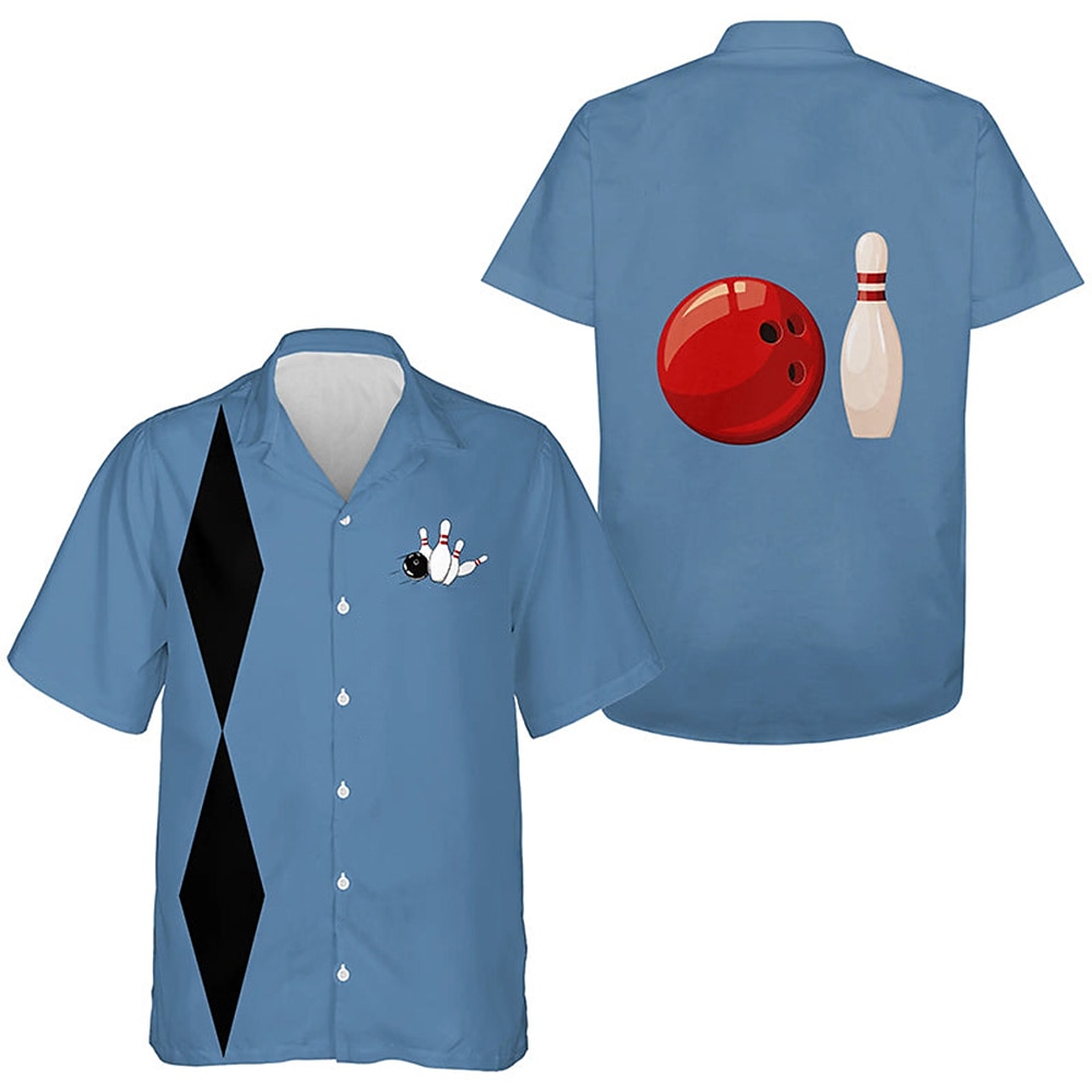 Herren Geometrisch Bowlingkugel Bowling-Shirt Kurzarm Brautkleider schlicht Sport Casual Sommer Frühling Kubanisches Halsband Knopf hoch Blau Lightinthebox