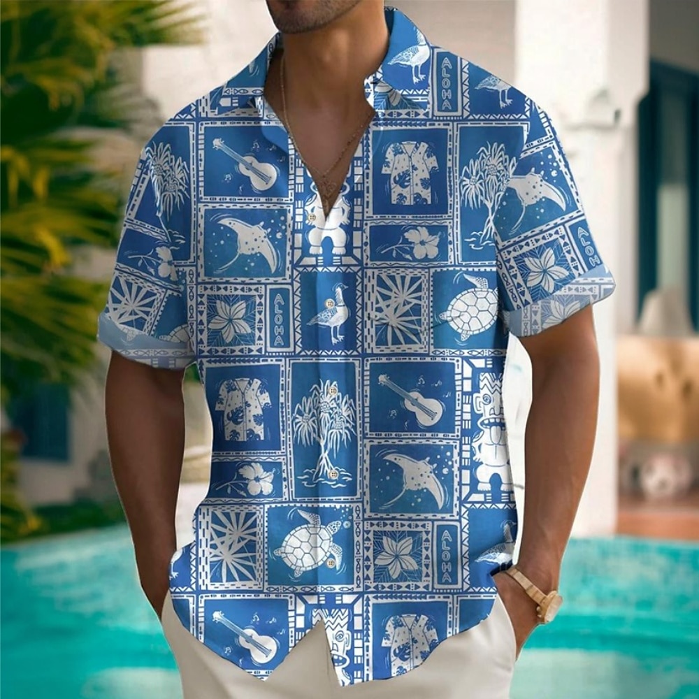 Herren Fische Musikinstrument Lässiges Hemd Aloha-Shirt Kurzarm Hawaiianisch Brautkleider schlicht Normal Casual Sommer Frühling Umlegekragen Knopf hoch Tasche Blau Lightinthebox