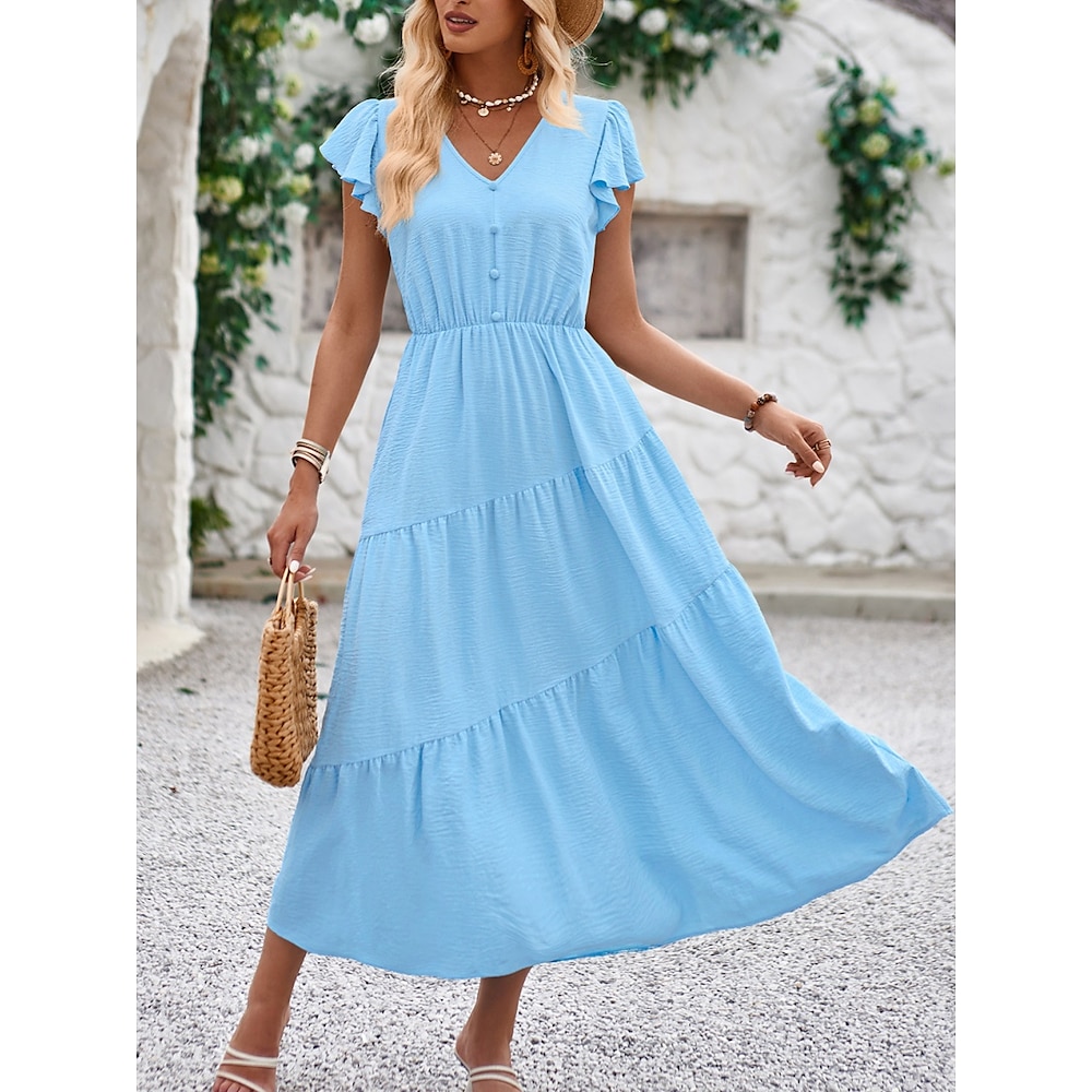 Damen Casual kleid A Linie Kleid Stilvoll Basic Brautkleider schlicht Glatt Maxidress Kurzarm V Ausschnitt Rüsche Regular Fit Urlaub Täglich Blau Aprikose Sommer Frühling Lightinthebox