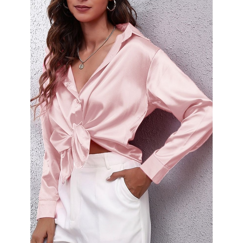 Damen Hemd Bluse Geschäftlich Modern Brautkleider schlicht Feste Farbe Normale Oberteile Langarm Hemdkragen Knopf Regular Fit Arbeit Abendgarderobe Gelb Rosa Grün Sommer Frühling Lightinthebox