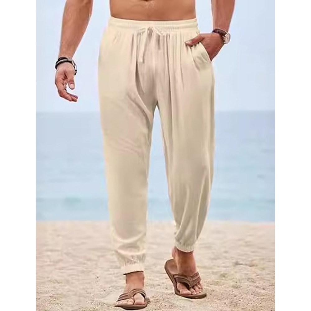 Herren Jogginghose Jogger Leinenhose Hose Hosen Sommerhosen Strandhose Kordelzug Elastische Taille Glatt Komfort Atmungsaktiv In voller Länge Outdoor Täglich Festtage Urlaub Modisch Schwarz Weiß Lightinthebox