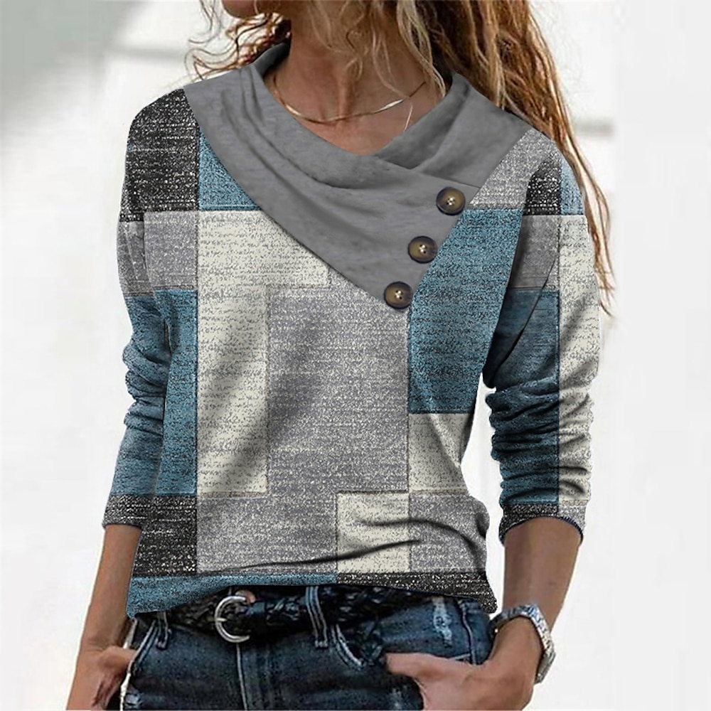 Damen T Shirt Täglich Basic Geometrisch Abstrakt Normale Oberteile Langarm Stapelhals V Ausschnitt Knopf Bedruckt Regular Fit Casual Wochenende Rote Marineblau Blau Himmelblau Grün Herbst Winter Lightinthebox