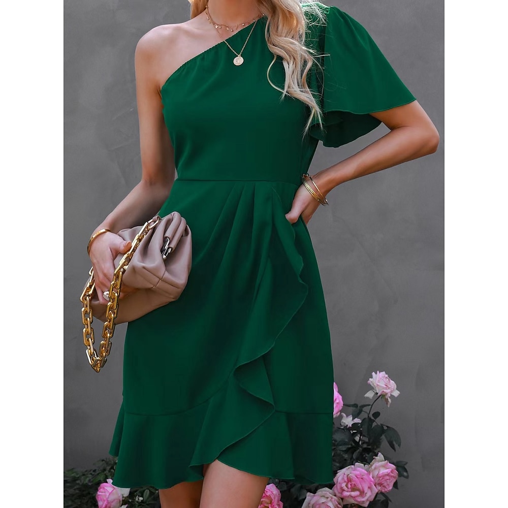 Damen Casual kleid A Linie Kleid Stilvoll Basic Brautkleider schlicht Glatt Minikleid Kurzarm Ein-Schulter Rüsche Regular Fit Urlaub Täglich Grün Sommer Frühling Lightinthebox