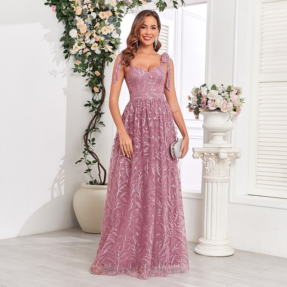 A-Linie Kleider für Hochzeitsgäste Elegant Kleid kleid hochzeitsgast Partykleidung Boden-Länge Ärmellos V Ausschnitt Hochzeitsgast im Herbst Tüll Ladderback-Rückenausschnitt mit Stickerei 2024 Lightinthebox