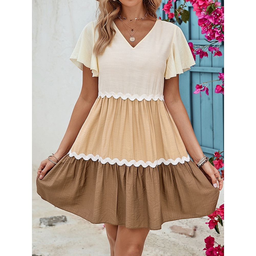 Damen Casual kleid Abgestuftes Kleid Stilvoll Basic Brautkleider schlicht Glatt Minikleid Kurzarm V Ausschnitt Patchwork Rüschensaum Regular Fit Urlaub Täglich Khaki Sommer Frühling Lightinthebox