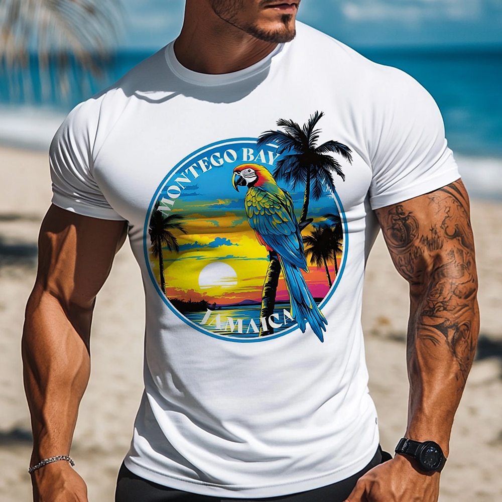 Herren Kokosnussbaum Papagei Lustiger Hawaiianer T Shirt T-Shirt 100% Baumwolle Kurzarm Grafik Hemd Weiß Bequemes T-Shirt Urlaub Strasse Modedesigner-Kleidung Lightinthebox