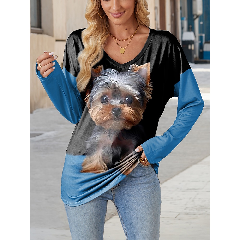 Damen T Shirt Brautkleider schlicht Hund Lange Oberteile Langarm V Ausschnitt Patchwork Bedruckt Regular Fit Täglich Wochenende Blau Frühling Herbst Lightinthebox