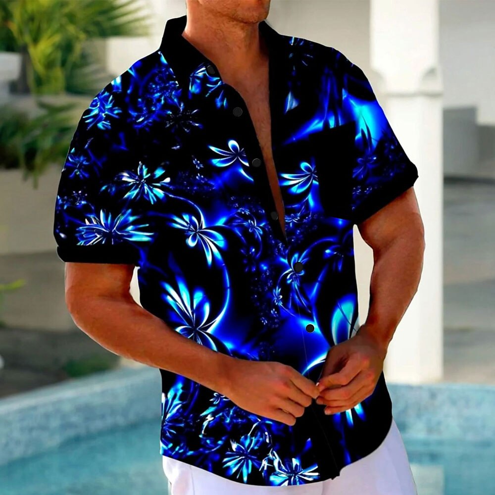 Herren Blumen Hawaiihemd Sommerhemd Aloha-Shirt Kurzarm Hawaiianisch Resort Normal Casual Sommer Frühling Umlegekragen Knopf hoch Tasche Schwarz Blau Purpur Grün Lightinthebox