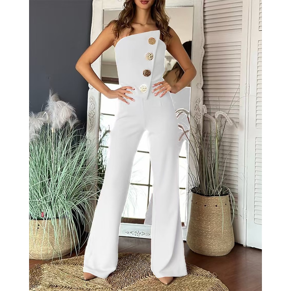 Damen Normal Jumpsuit Elegant Feste Farbe Ärmellos Breites Bein Trägerlos Knopf Täglich Regular Fit Schwarz Weiß Rote Sommer Lightinthebox