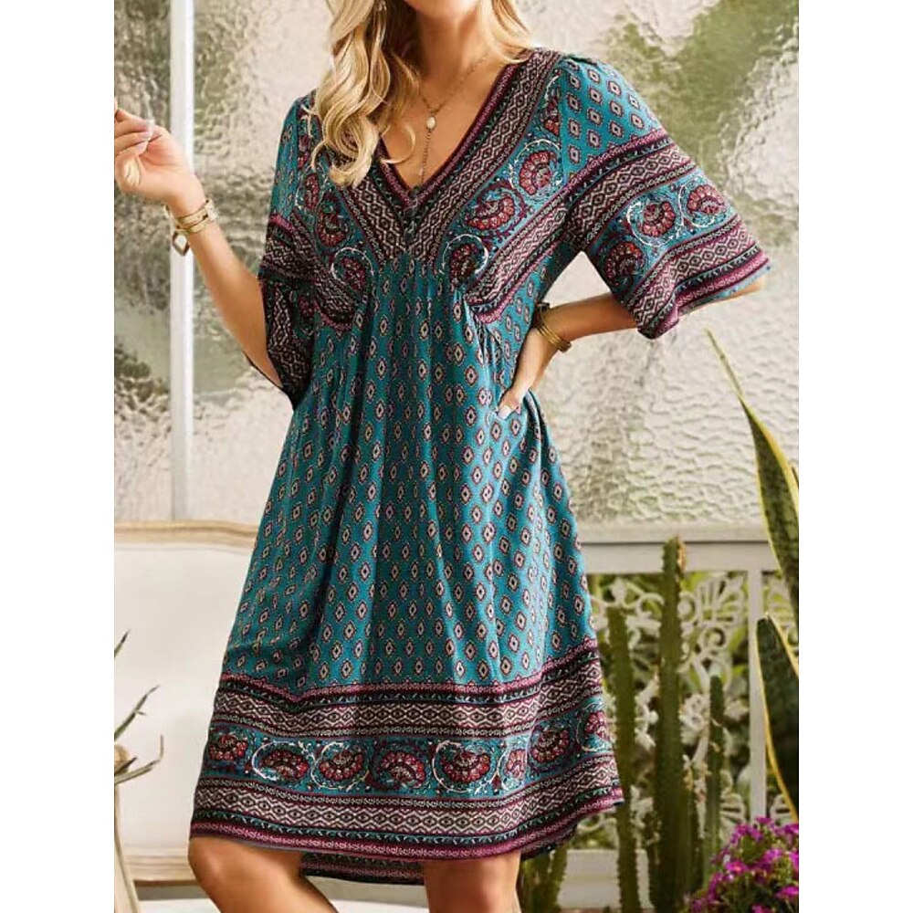 Damen Casual kleid A Linie Kleid Boho-Kleid Böhmen Ethnisch Brautkleider schlicht Blumen Minikleid 3/4 Ärmel V Ausschnitt Bedruckt Regular Fit Urlaub Täglich Purpur Fuchsie Grün Frühling Herbst Lightinthebox