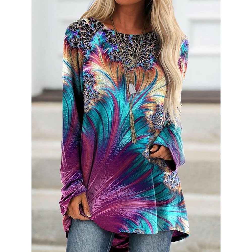 Damen T Shirt Brautkleider schlicht Batik Lange Oberteile Langarm Rundhalsausschnitt Bedruckt Regular Fit Täglich Blau Herbst Winter Lightinthebox