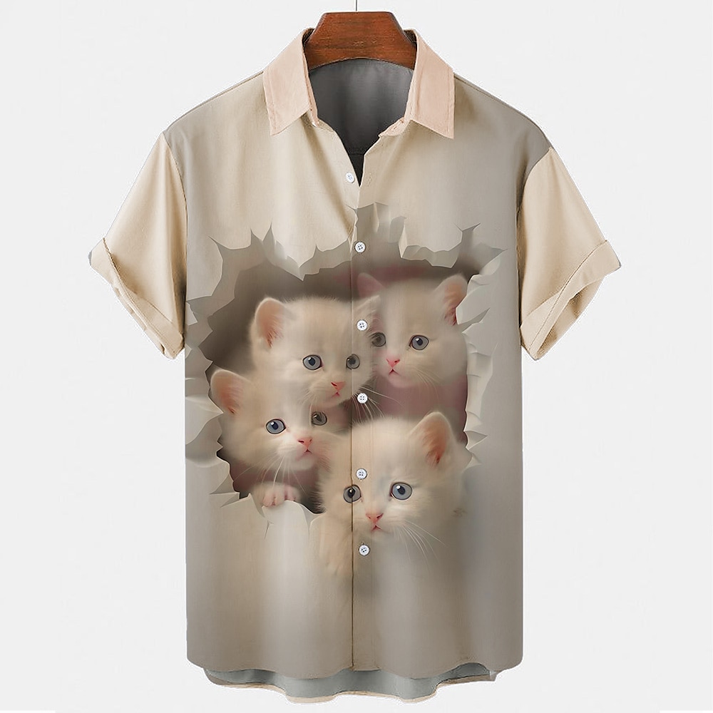 Herren 3D Zeichentrick Die Katze Lässiges Hemd Kurzarm Brautkleider schlicht Casual Sommer Frühling Umlegekragen Knopf hoch Braun Beige Lightinthebox