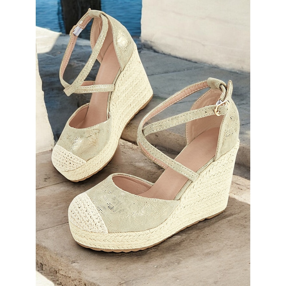 Goldene Espadrille-Keilsandalen für Damen mit Häkelspitze und Knöchelriemen-Design, elegante Sommerschuhe für Partys, Hochzeiten und Freizeitkleidung Lightinthebox