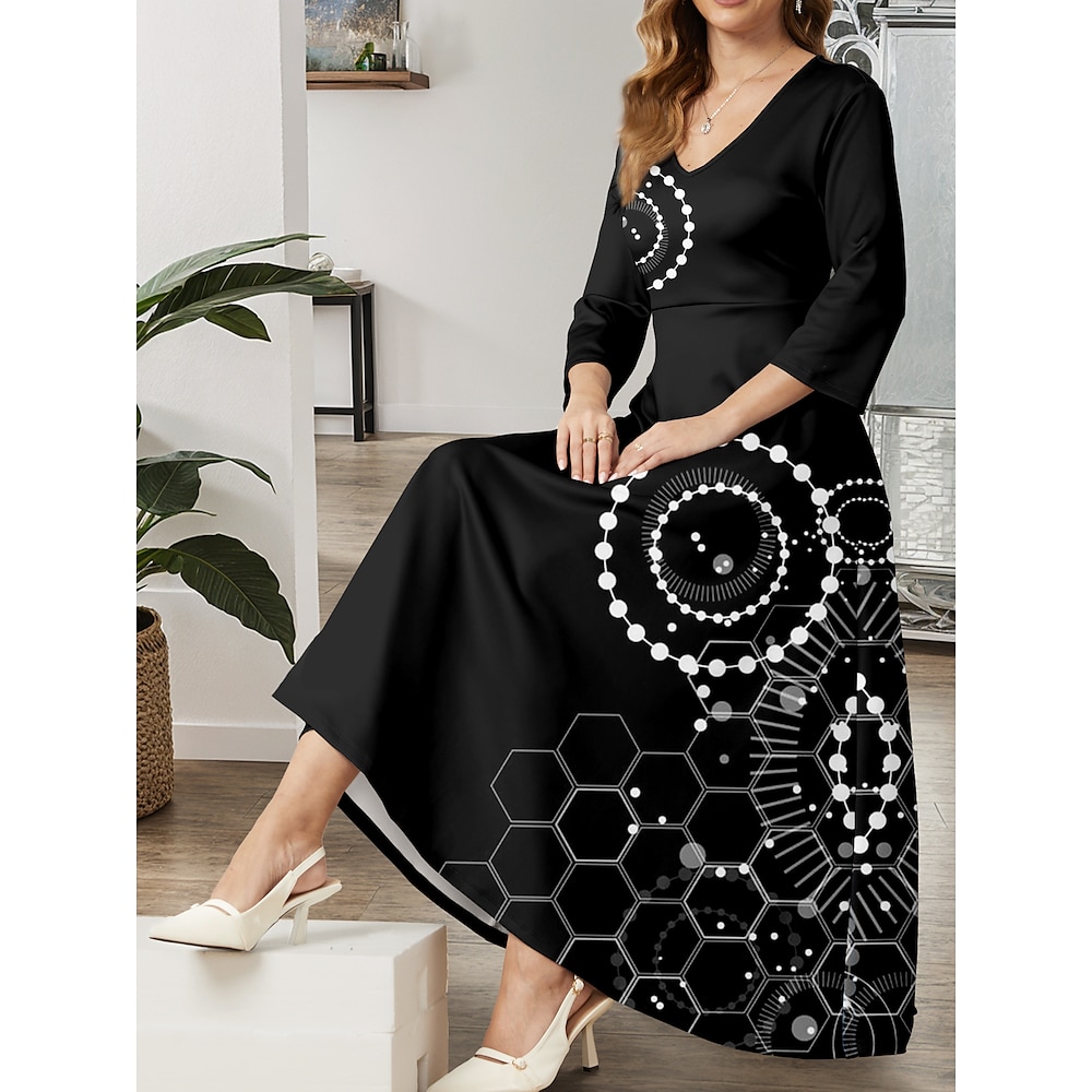 Damen Casual kleid A Linie Kleid Brautkleider schlicht Geometrisch Midikleid 3/4 Ärmel V Ausschnitt Bedruckt Regular Fit Täglich Schwarz Sommer Frühling Herbst Lightinthebox