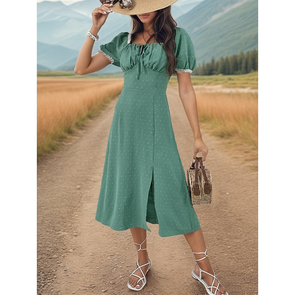 Damen Casual kleid A Linie Kleid Stilvoll Basic Brautkleider schlicht Glatt Midikleid Kurzarm Quadratischer Ausschnitt Rückenfrei Gespaltener Oberschenkel Regular Fit Urlaub Täglich Grün Sommer Lightinthebox