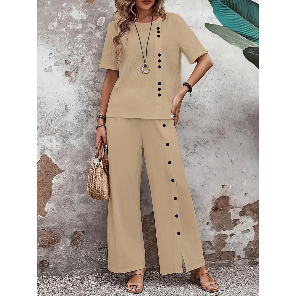 Damen Modisch Strassenmode Täglich T Shirt Hose mit weitem Bein Halbe Ärmel Rundhalsausschnitt Glatt Casual Täglich Khaki Frühling Herbst Regular Fit Lightinthebox