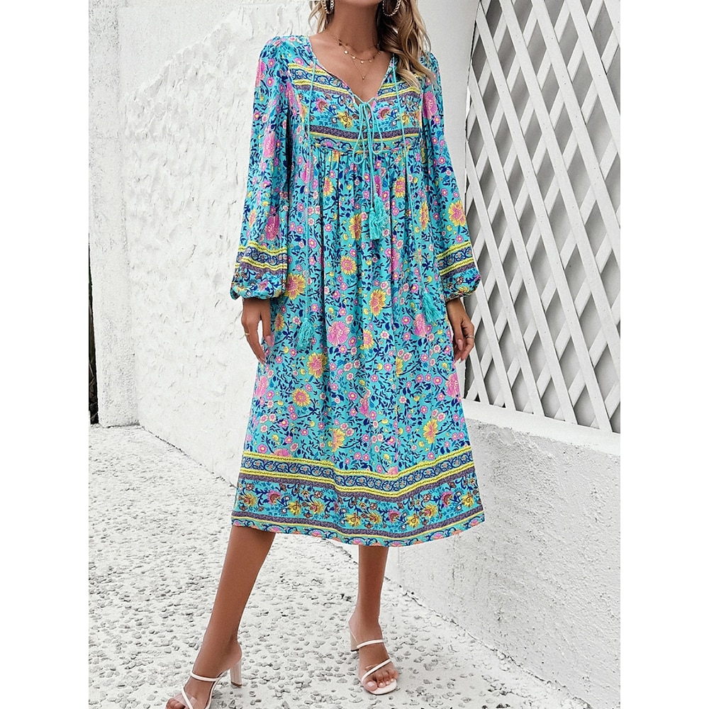 Damen Casual kleid Schaukelkleid A Linie Kleid Boho-Kleid Böhmen Vintage Brautkleider schlicht Blumen Midikleid Langarm V Ausschnitt Vorne binden Bedruckt Regular Fit Urlaub Täglich Rote Marineblau Lightinthebox