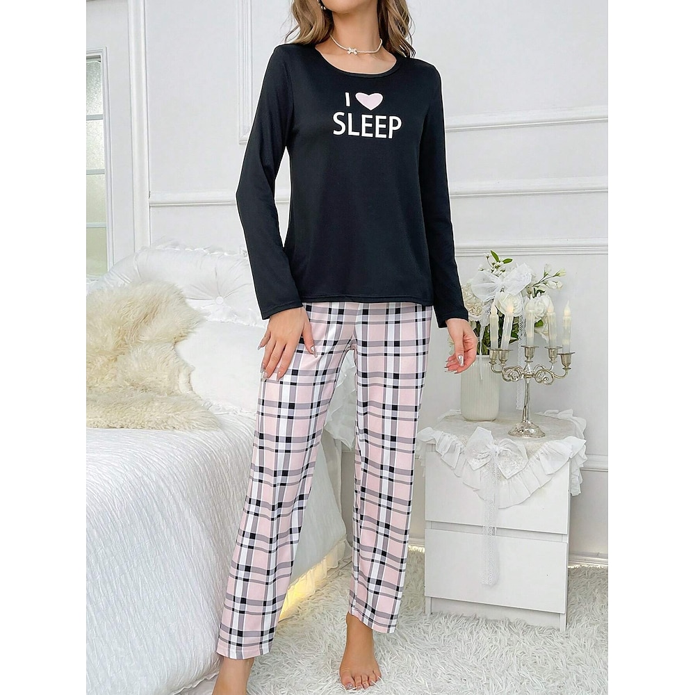 Damen Schlafanzug Set Brautkleider schlicht Komfort Herz Gitter / Plaid T Shirt Hose Heim Langarm Rundhalsausschnitt Rosa Frühling Herbst Winter Lightinthebox