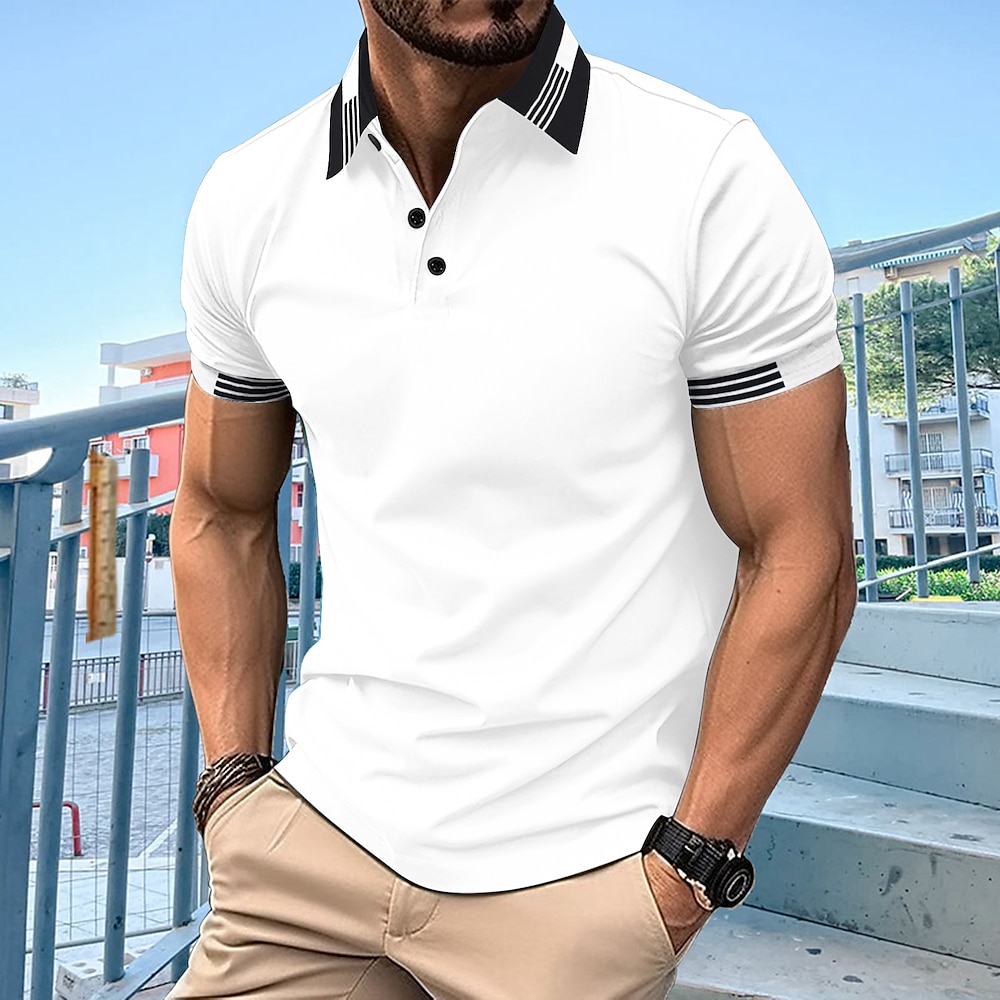 Herren Polo Business-Polo Geschäft Casual Kargen Klassisch Kurzarm Farbblock Patchwork Knopf Sommer Frühling Herbst Meerblau Schwarz Weiß Rote Dunkelblau Grau Polo Lightinthebox