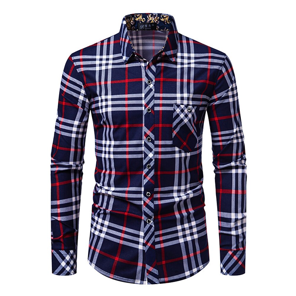 Herren Hemd Sommerhemd Lässiges Hemd Knopfhemd Rote Blau Langarm Plaid Kargen Urlaub Festtage Button-Down Bekleidung Polyester Modisch Brautkleider schlicht Komfortabel Lightinthebox