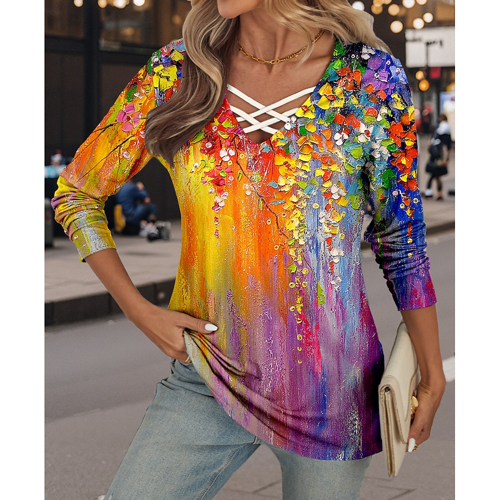 Damen T Shirt Brautkleider schlicht Karnival Blumen Normale Oberteile Langarm V Ausschnitt Ausgeschnitten Bedruckt Regular Fit Täglich Orange Frühling Herbst Lightinthebox