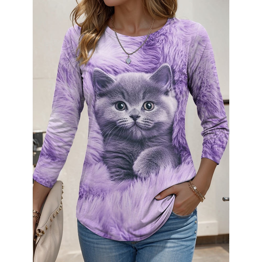 Damen T Shirt Modisch Modern Brautkleider schlicht Katze Normale Oberteile Langarm Rundhalsausschnitt Bedruckt Regular Fit Täglich Wochenende Purpur Herbst Winter Lightinthebox