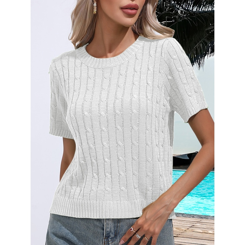 Damen Pullover Brautkleider schlicht Weich Einfarbig Gerippt Rundhalsausschnitt Strick Kurze Ärmel Normale Oberteile Stricken Täglich Wochenende Weiß Grün Sommer Frühling Lightinthebox