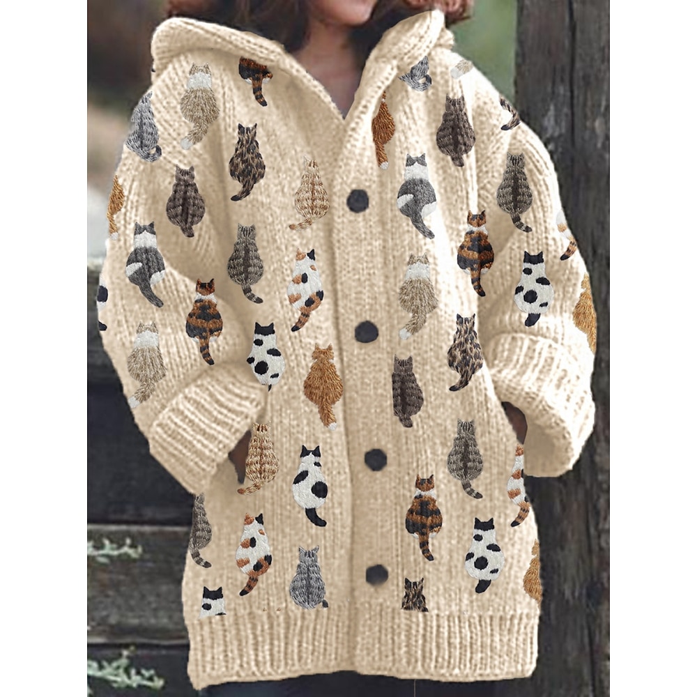 Damen Pullover Strickjacke Mit Kapuze Gerippt Stricken Polyester Knopf Tasche Strick Herbst Winter Standard Outdoor Täglich Wochenende Brautkleider schlicht Weich Langarm Blumen Tier Grün Khaki Grau Lightinthebox