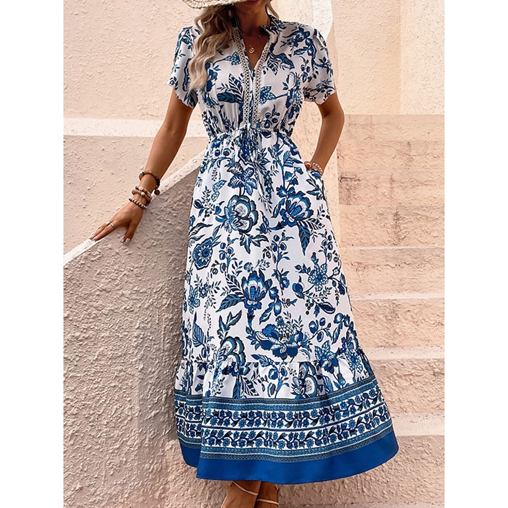 Damen Casual kleid Schaukelkleid A Linie Kleid Boho-Kleid Brautkleider schlicht Blumen Maxidress Halbe Ärmel V Ausschnitt Bedruckt Regular Fit Täglich Blau Sommer Frühling Lightinthebox