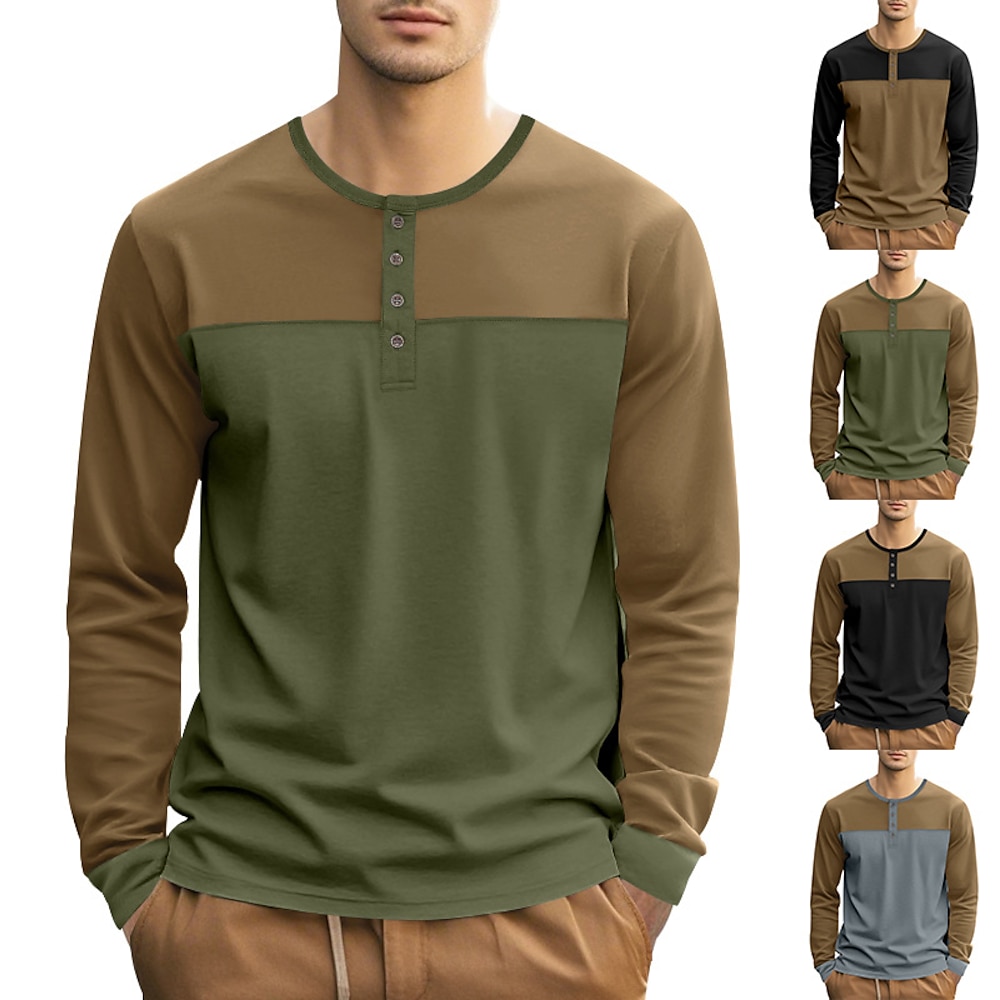 Herren T Shirt Henley Shirt Henley-Top Langarm Feste Farbe Vintage Brautkleider schlicht Patchwork Henley Outdoor Normal Casual Frühling Herbst Frühling Herbst Schwarz Grün Hellblau Henley T-Shirt Lightinthebox