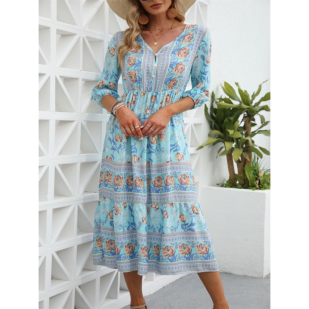 Damen Casual kleid Boho Chic Kleider A Linie Kleid Böhmen Kuschelig Stilvoll Graphic Maxidress 3/4 Ärmel V Ausschnitt Elastische Taille Bedruckt Lockere Passform Urlaub Täglich Strand Rosa Blau Lightinthebox