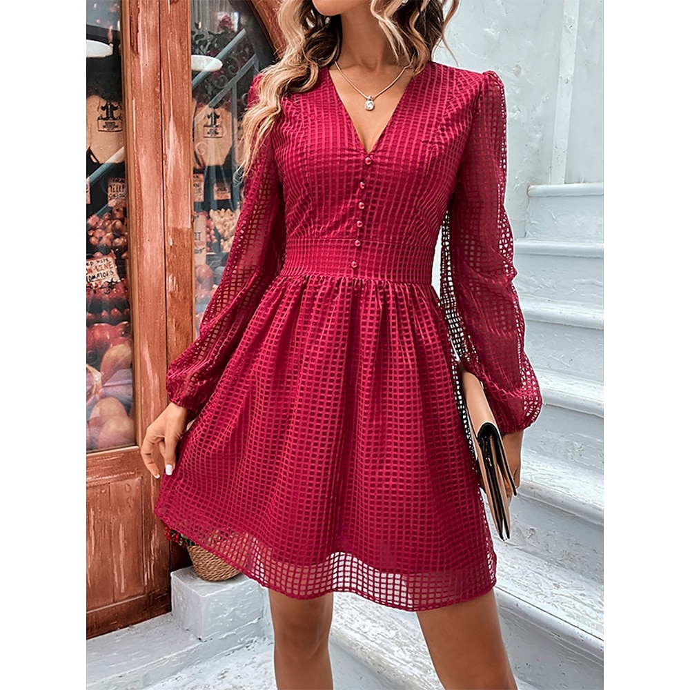 Damen Polyester Plaid V Ausschnitt Minikleid Langarm Sommer Frühling Lightinthebox