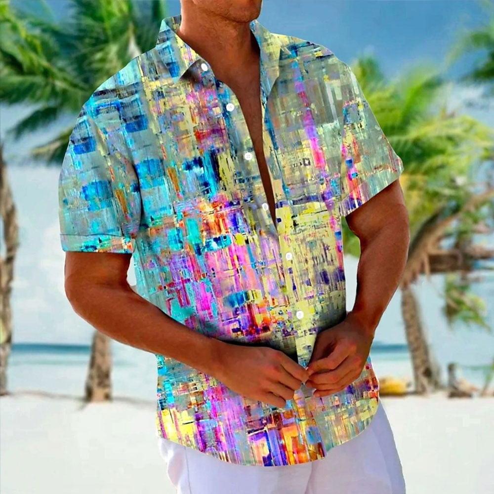 Herren Farbverlauf Geometrisch Lässiges Hemd Knopfhemd Aloha-Shirt Kurzarm Hawaiianisch Resort Urlaub Casual Sommer Frühling Umlegekragen Knopf hoch Blau Lightinthebox