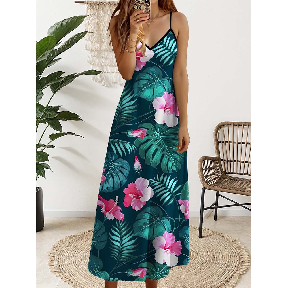 Damen Casual kleid A Linie Kleid skims dress Brautkleider schlicht Blumen Blatt Maxidress Ärmellos V Ausschnitt Rückenfrei Bedruckt Regular Fit Täglich Blau Sommer Frühling Herbst Lightinthebox