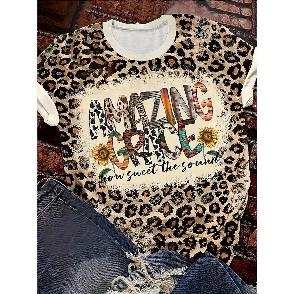 Damen T Shirt Brautkleider schlicht Leopard Buchstabe Normale Oberteile Kurzarm Rundhalsausschnitt Bedruckt Regular Fit Täglich Braun Sommer Lightinthebox