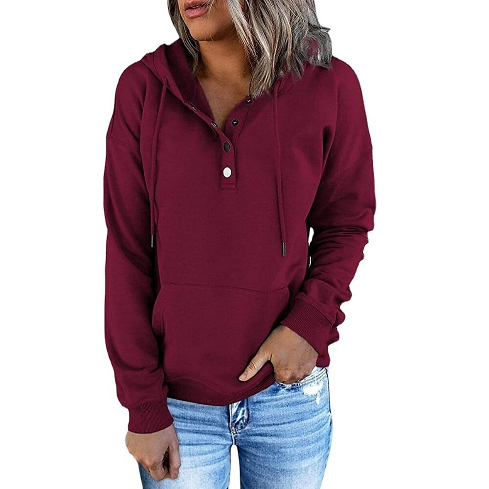 Damen Hoodie Sweatshirt Kapuze Brautkleider schlicht Baumwolle Strasse Alltagskleidung Kapuzenpullover Patchwork Knopf Langarm Schwarz Wein Purpur Herbst Winter Lightinthebox