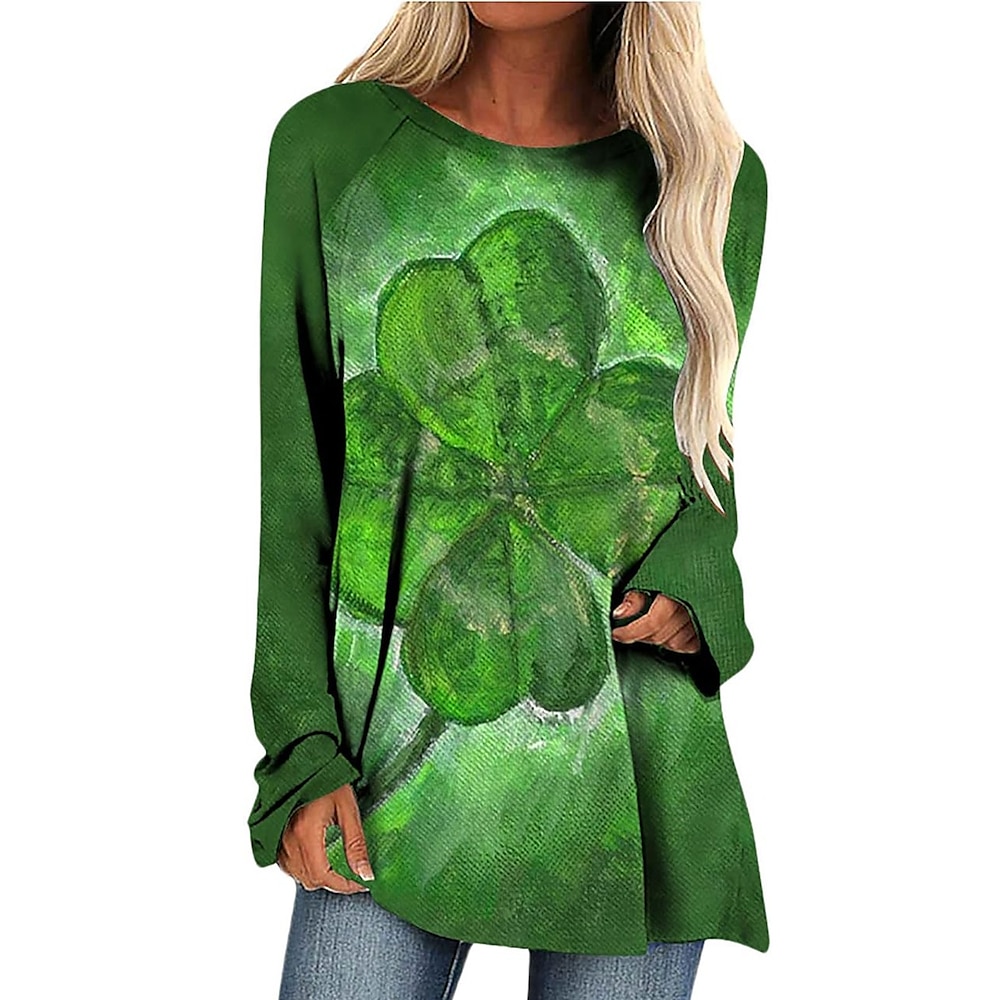 Damen T Shirt Brautkleider schlicht Kleeblatt Lange Oberteile Langarm Rundhalsausschnitt Bedruckt Regular Fit St.Patrick's Day Täglich Grün Frühling Herbst Lightinthebox