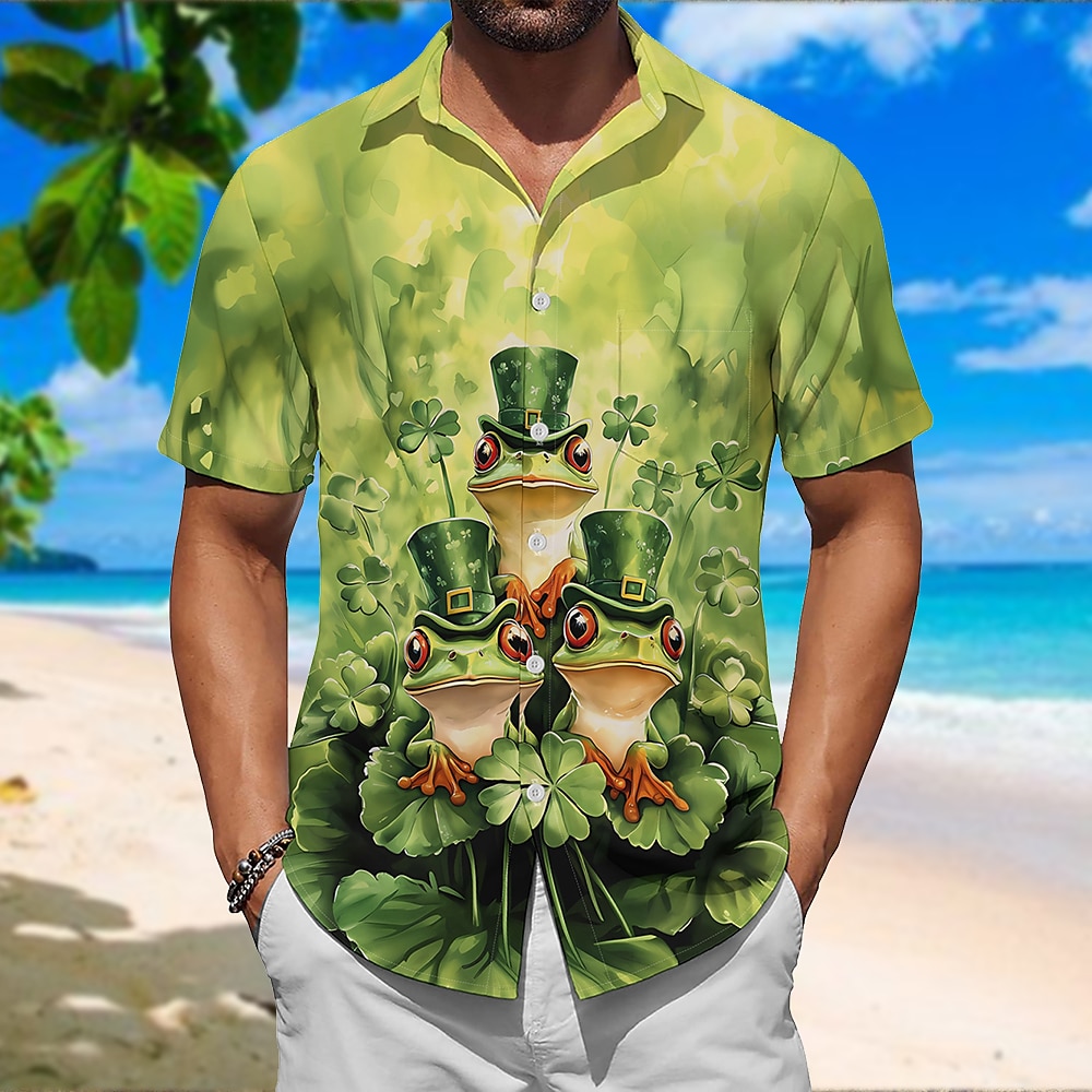 St. Patrick Herren Vierblättriges Kleeblatt Frosch Hemd Kurze Ärmel Künstlerisch Brautkleider schlicht Komfortabel Outdoor Urlaub Strasse Frühling Sommer Hemdkragen Print Grün Lightinthebox