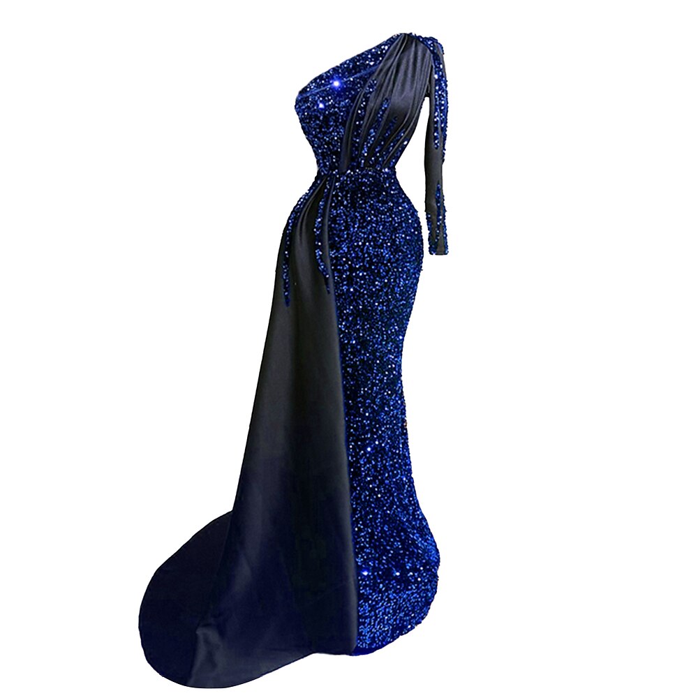 Trompete / Meerjungfrau Abendkleider Elegant Kleid Abendgesellschaft Hochzeitsempfang Bodenlanger Rock Langarm Ein-Schulter Kleid der Brautjungfer Satin mit Paillette 2024 Lightinthebox