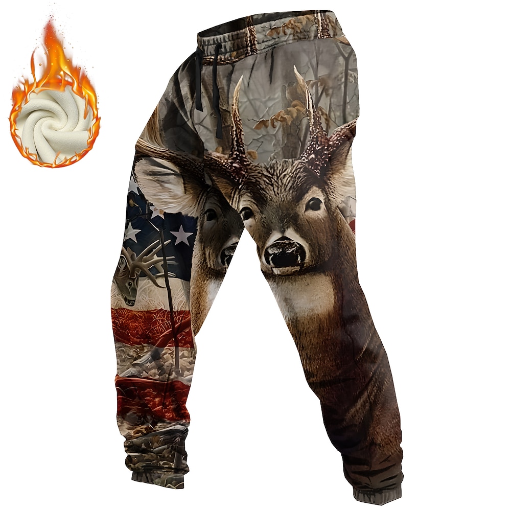 Herren US Flagge Jagd Hirsch Fleece-Jogginghose Elastischer Kordelzug in der Taille Brautkleider schlicht Vintage-Retro Outdoor Strassenmode Mit Taschen Warm Innenfutter aus Fleece Winter 3D-Druck Lightinthebox