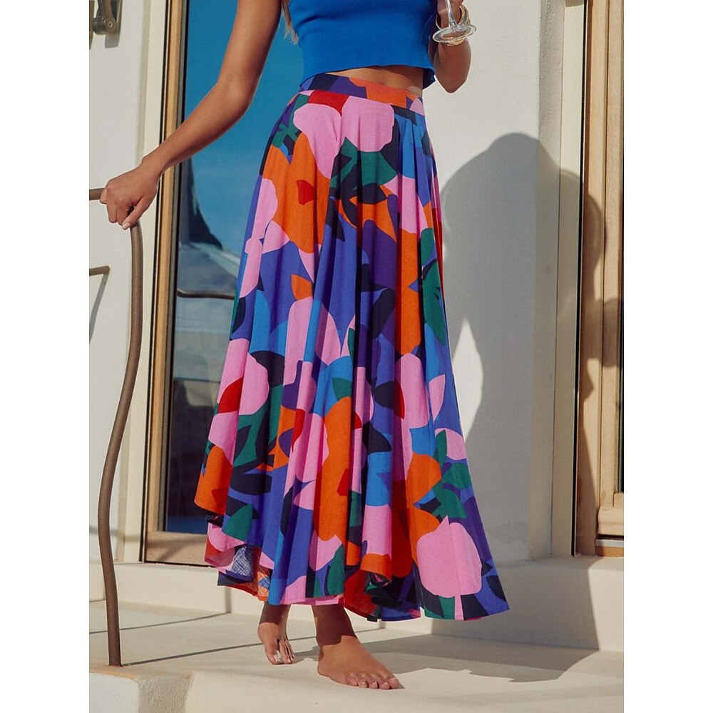 Damen Rock A-Linie Schaukel Modisch Brautkleider schlicht Maxi Hoher Taillenbund Röcke Blumen Bedruckt Mikro-elastisch Strasse Täglich Blau Sommer Polyester Lightinthebox